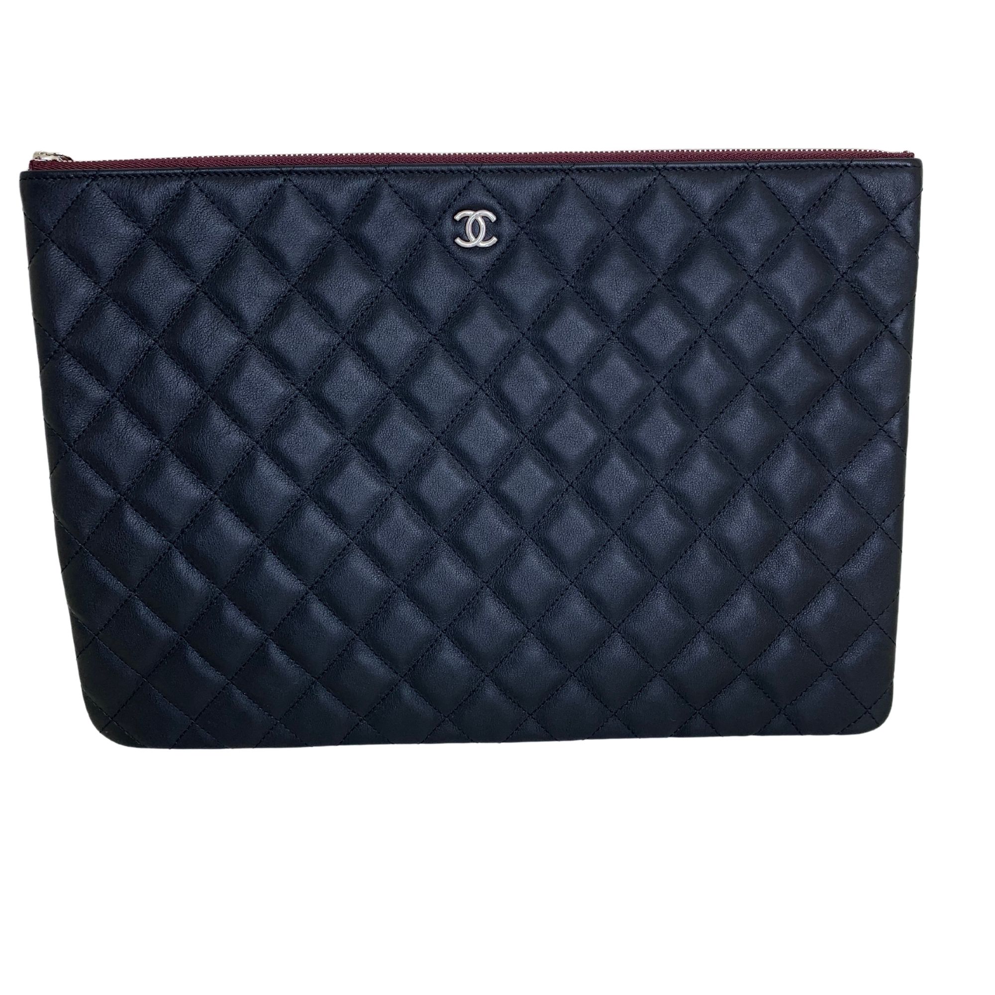 Chanel O Case Clutch Quilted Lambskin Large, Black/Silver
